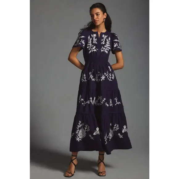 Anthropologie - Somerset embroidered Maxi Dress w/ Blue Floral Embroidery, XSP - Picture 1 of 15